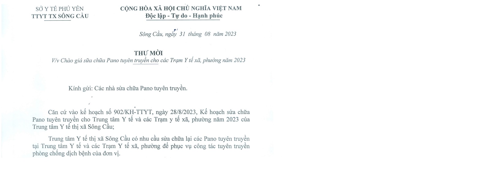Thư mời chào giá sửa chữa Pano tuyên truyền 